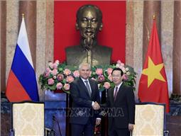Chủ tịch nước Võ Văn Thưởng tiếp Chủ tịch Duma Quốc gia Quốc hội Liên bang Nga